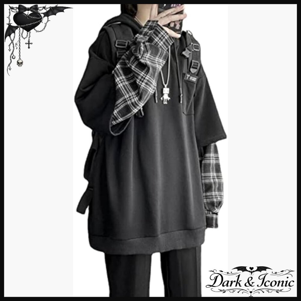Oversized Vintage Hoodie Patchwork Pullover Emo S… - image 1
